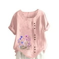 thumbnail image 1 of Pisexur Hauts en Coton et Lin Grande Taille pour Femmes, Décontractés, Été, Boho, Mode, Coupe Ample, Col Rond, Manches Courtes, T-Shirts Floraux pour Femmes P-5TG Rose, 1 of 5