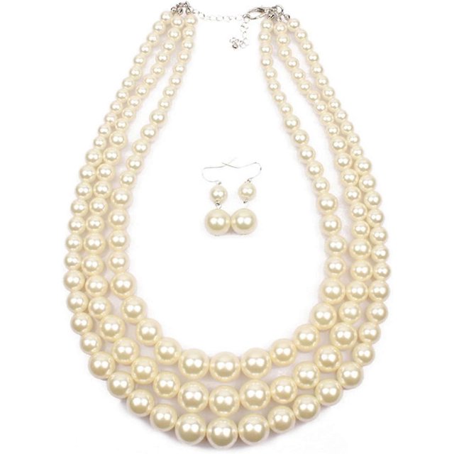Conjunto de collar y aretes tipo gargantilla con perlas de imitación de tres capas y múltiples hilos de Shineland