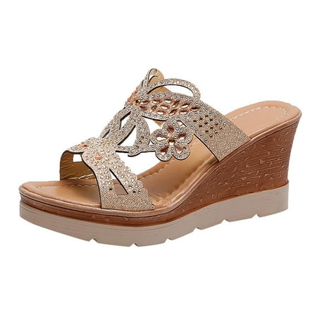 

VKEKIEO Women Ladies Crystal Wedges Thick Peep Toe Sandals Slippers Shoes