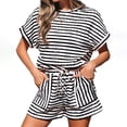thumbnail image 2 of Stichou Womens Striped Summer 2 Piece Short Sets Short Sleeve T Shirts Drawstring Shorts Casual Outfits Lounge Pajama Sets Black XL, 2 of 4