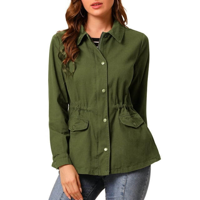 INSPIRE CHIC Women's Drawstring Waist Flap Pocket Zip Button Utility Jacket