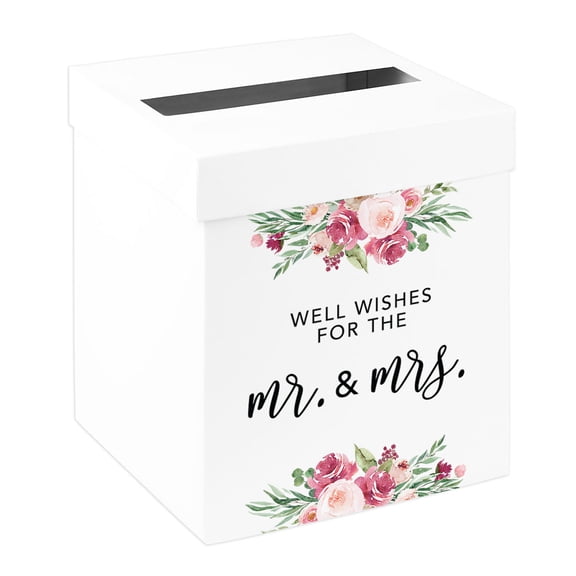 Koyal Wholesale Sturdy White Wedding Day Card Box Spring Florals Well Wishes for the Mr. and Mrs., 10x10x10 Inches