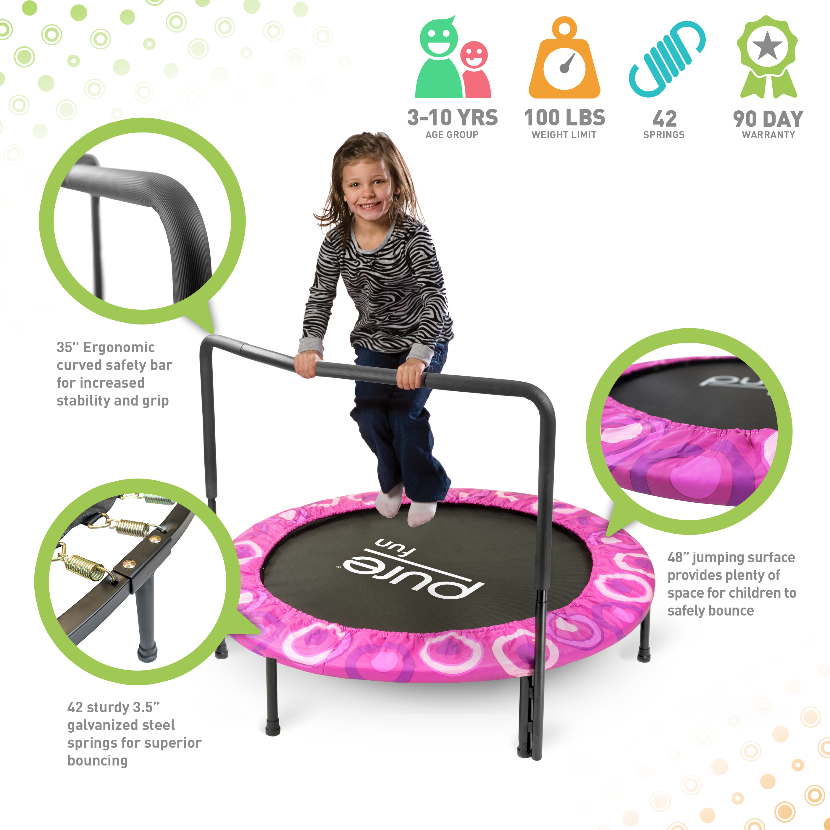 Pure Fun Super Jumper Kids 48-Inch Trampoline with Handrail, Pink, 100lb Weight Limit - image 2 of 6