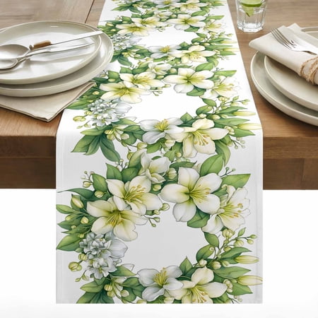 White Gardenias Cotton Linen Table Runner Spring Flower Leaf Wreath Floral Watercolor Green Dining Table Runners for Home Decor Party Dining Room Restaurant Kitchen 13 x 120
