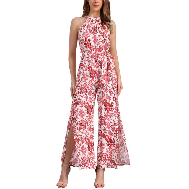 INSPIRAR CHIC Mono sin mangas Boho para mujer con cuello halter atado, cinturón, abertura lateral, pantalones largos de pierna ancha XL Rojo