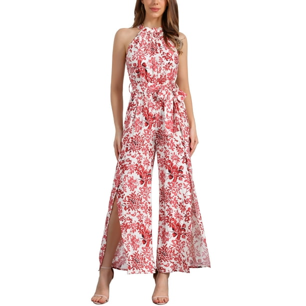 MONO BOHO SIN MANGAS INSPIRADOR PARA MUJERES CON CUELLO HALTER, CINTURÓN, ABERTURA LATERAL, PANTALONES LARGOS DE PIERNA ANCHA EN ROJO