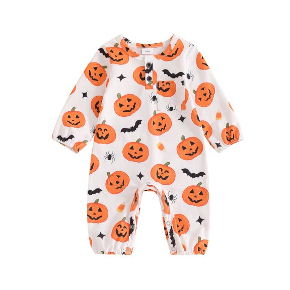 Michellecmm  Baby Girls Halloween Romper Pumpkin Print Long Sleeve Jumpsuits