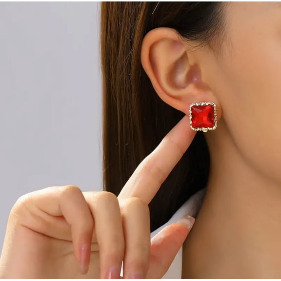Clip on 1/2" raised gold and red stone square button style earrings