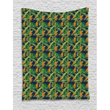 Navy And Orange Living Room Tropical Tapestry, Natural Theme Exotic Pineapples with Monstera and Banana Leaves, Wall Hanging for Bedroom Living Room Dorm Decor, Dark Blue Green and Orange, by Ambesonne ()