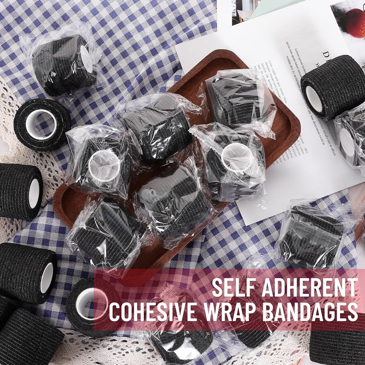 COCPOK Self Adherent Cohesive Wrap Bandages,64 Pack Black Athletic Tape,Self Adhesive Bandage Wrap 2 Inch x 5 Yard,Elastic Cohesive Bandage Wrap,Breathable Sports Wrap for Wrist Ankle,Vet Wrap for Pet