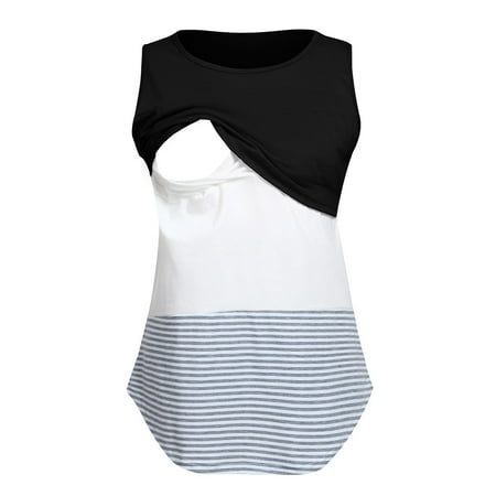 Women Mom Pregnant Nursing Baby Maternity Sleeveless Striped Blouse (Best Clothes For Nursing Moms)
