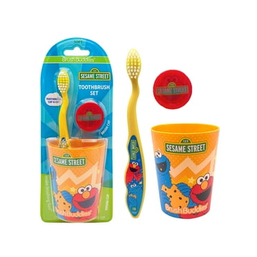 Brush Buddies Sesame Street Elmo Manual Cup Set with Kids Soft Bristle Toothbrush, Rinse Cup, and Travel Cap, 3 Piece Set