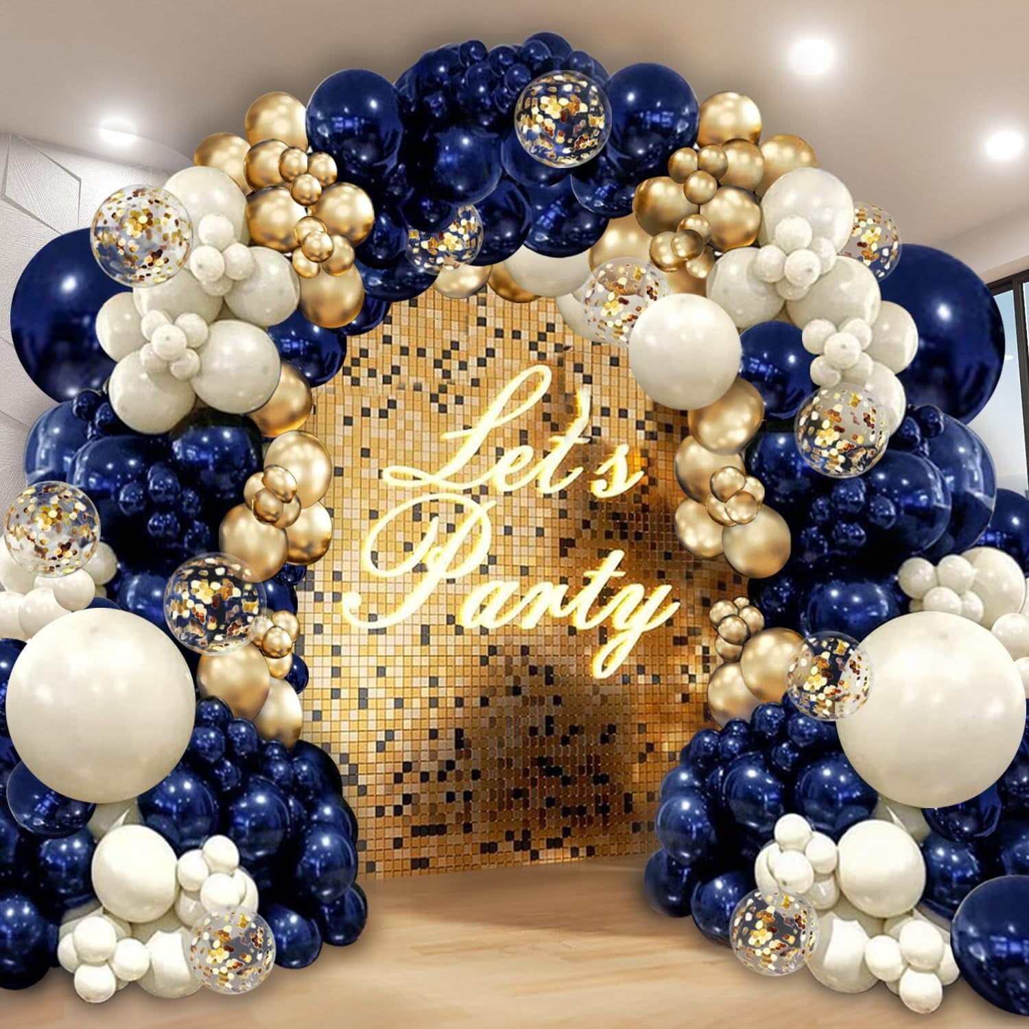 Navy Blue Silver Balloons Arch Kit, Double Stuffed Pearl White Royal Dark Blue Silver Chrome with Confetti Balloons Garland Kit for Birthday Wedding Graduation Father's Day Decorations
