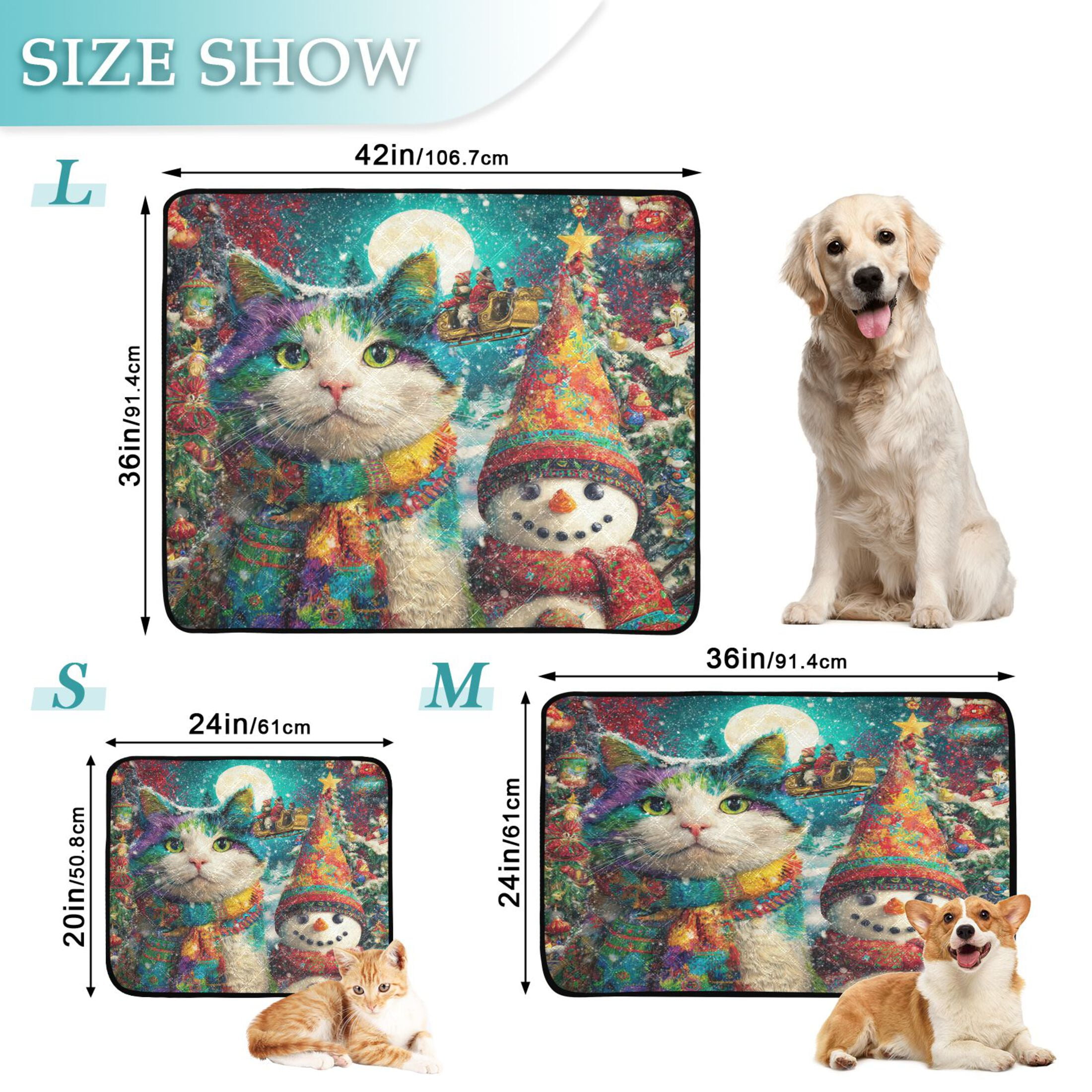 Qxltty Colorful Cat and Snowman Cat litter Pads Pet Set of 3 Diaper Mats Center Anti-leakage Layer Absorbent Soft and Comfortable