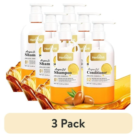 (3 pack) Herbishh Argan Oil Shampoo & Conditioner Set, Deep Cleansing & Hydration, Ideal For Frizzy & Colored Hair, With Shea Butter, Jojoba & Coconut Oil, 16.9 fl. oz Each
