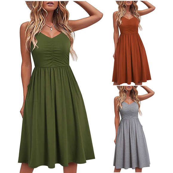 Summer Dress for Women Dress for Women Summer Women Fashion Summer Seaside Sling Sleeveless V-Neck Solid Color Casual Dress