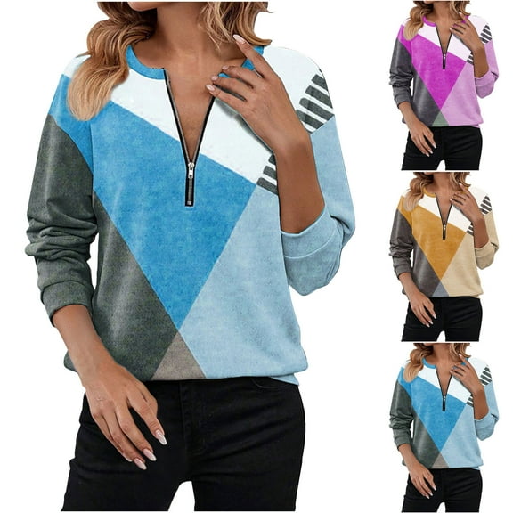 Ashirexll Oversized Sweatshirt for Women, Fall Sweatshirts for Women, Fashion Matching Color Pattern Long Sleeve Zipper V-neck Sweatshirt