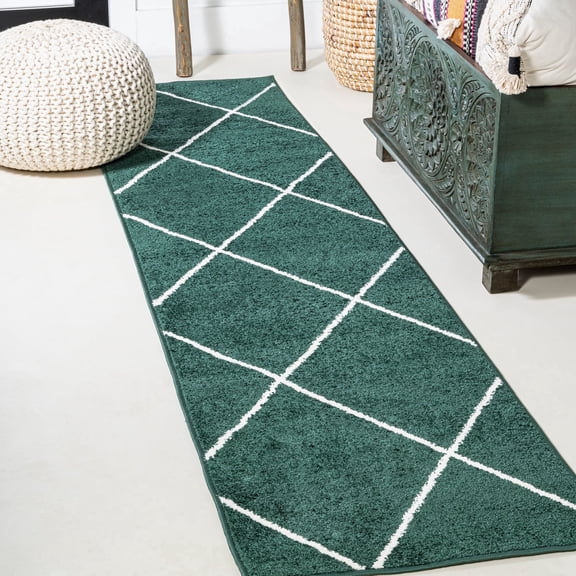 JONATHAN Y SUPERSOFT 2 x 8 Runner Rug, Cole Minimalist Diamond Trellis - Green/White, SEU102D-28