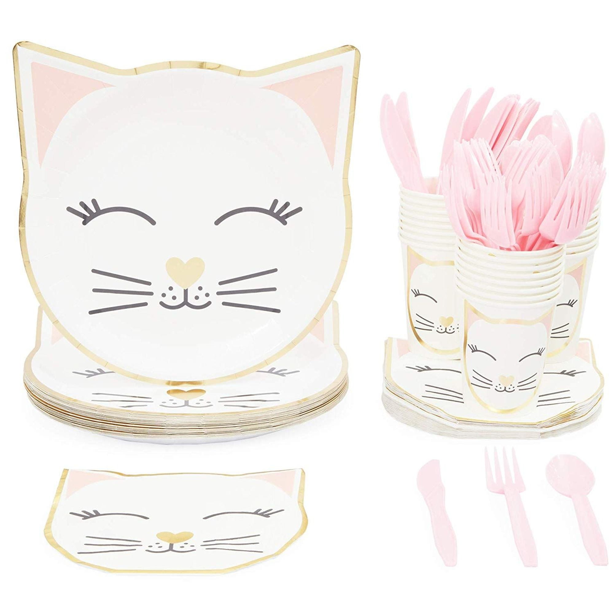 Serves 24 Cat Themed Party Supplies, 144PCS Plates Napkins Cups, Favors