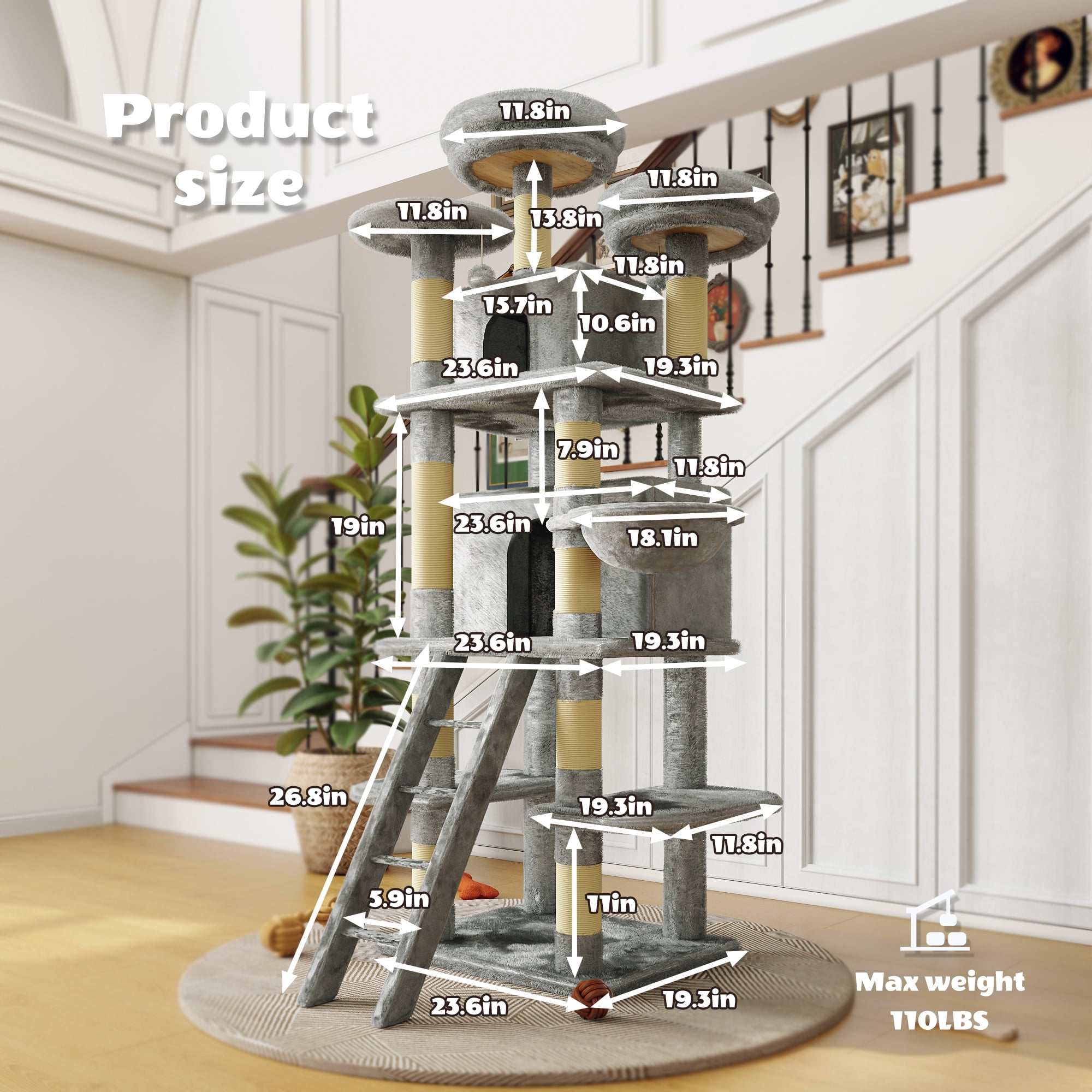 Multi-Level Cat Tree, 2 Condos, 3 Perches & Hanging Hammock, Natural Sisal Scratching Posts, Short Plush, Stable Structure for Kittens to Senior Cats & Multi-Cat Homes