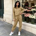 thumbnail image 3 of WULMLEO Women 2 Piece Tracksuit Outfits Half Button Drawstring Hoodies & Jogger Pants Long Sleeve Casual Loungewear Sets Khaki 2XL, 3 of 7