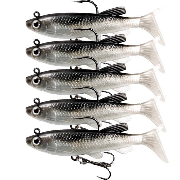 Kaleduo 5 Pack Pre-Rigged Soft Swimbaits, Paddle Tail Minnow Lures with Jig Heads, for Bass, Trout, Walleye in Freshwater & Saltwater