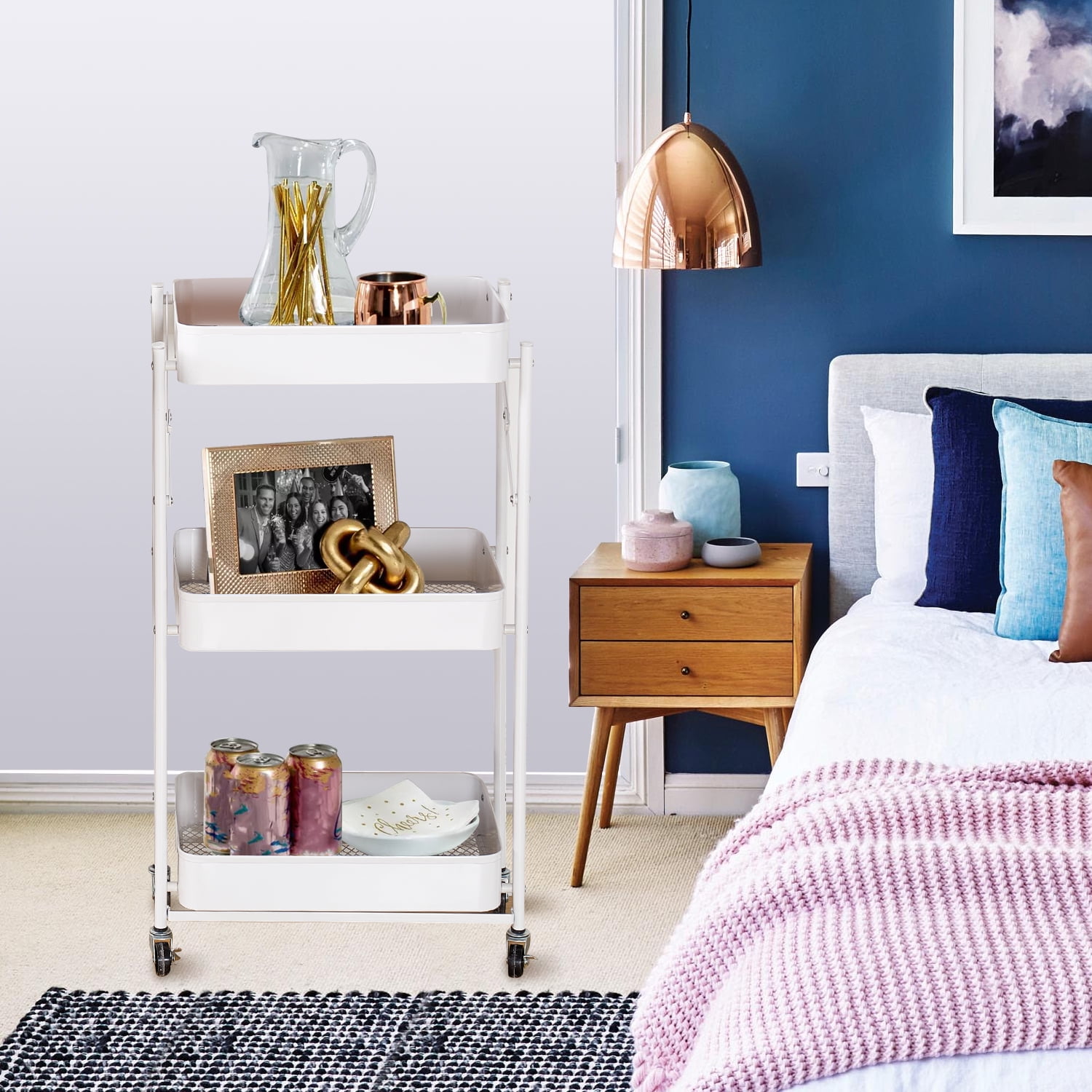 Narrow Rolling Storage Shelves with Handle, 3 Tier Rolling Cart Mobile