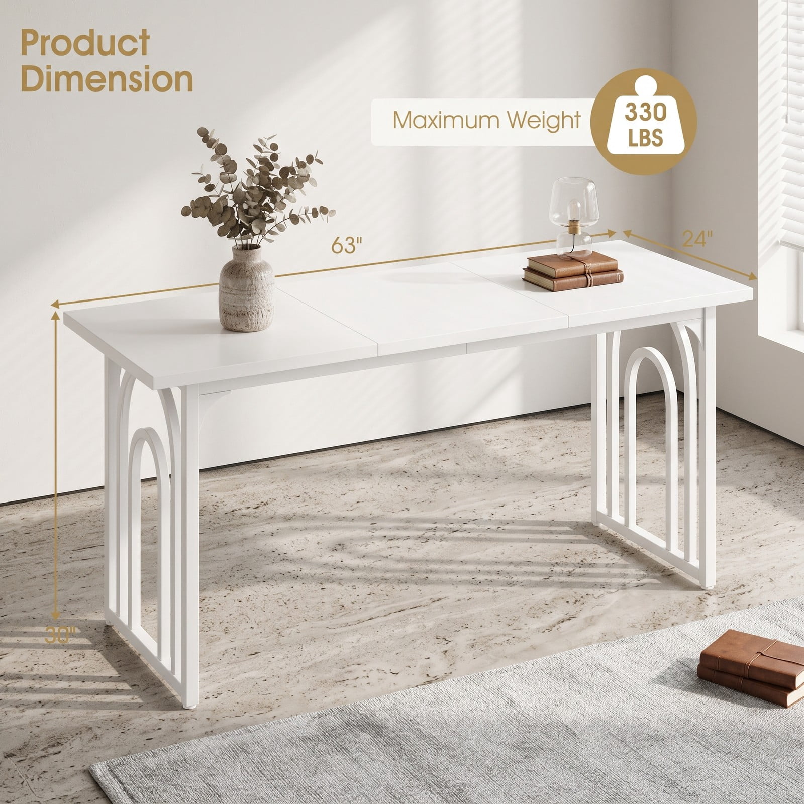 Furnibear 63 Inch Rectangular Dining Table for 6-8 People, Farmhouse Kitchen Table with Powder-Coated Metal Legs, Arch Base & Scratch-Resistant Veneered Top for, White