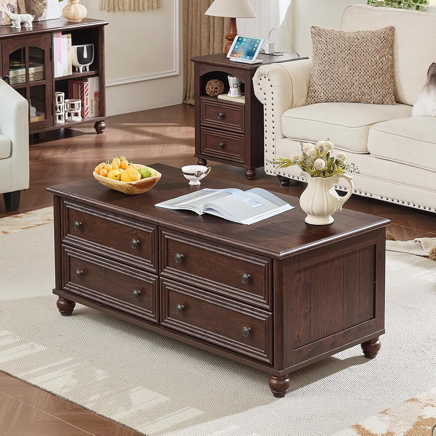 Leyaoyao Farmhouse Coffee Table with Drawers, Rectangular Rustic Center Table with Hidden Storage for Living Room, Office, Walnut