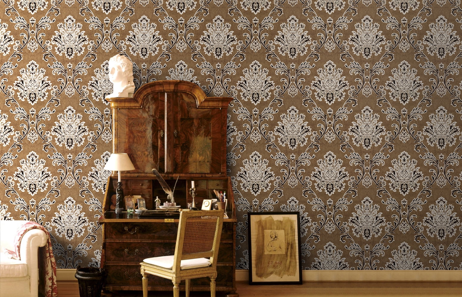 Brown/Black/Gold/Beige Damask Embossed Textured Thick Wallpaper Roll for Living Room Bedroom Decorative 20.86“ x 32.8'