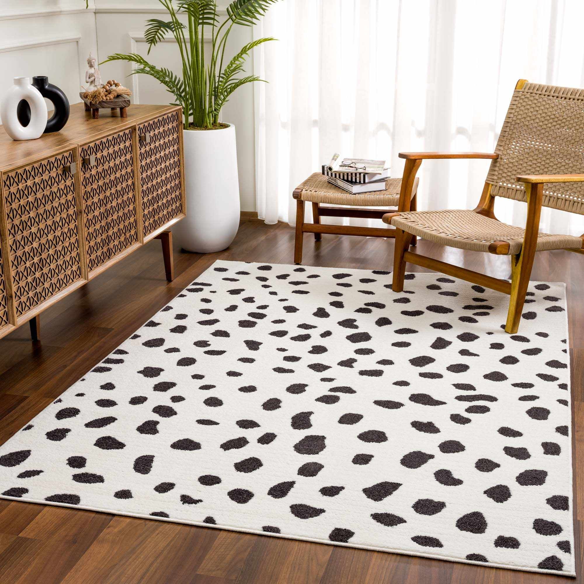 Hauteloom Tariffville Modern Animal Print Dalmatian Style Area Rug for Living Room, Bedroom, Kids Room, Nursery - High Pile Carpet - Black and White, Charcoal - 2'7" x 7'3" (2x8)