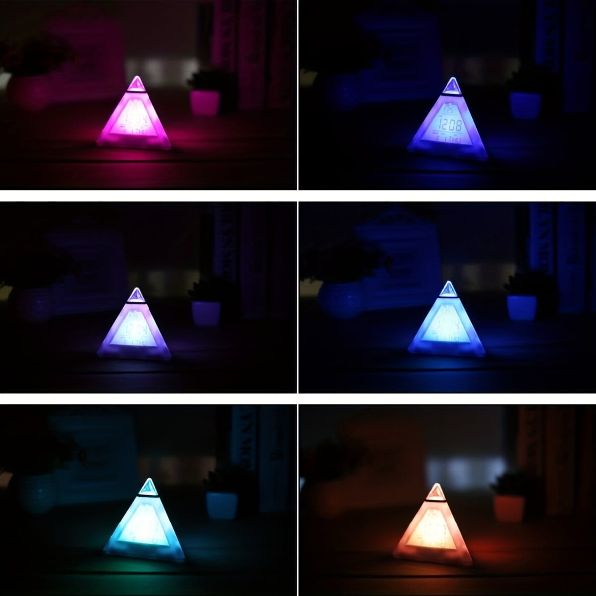 Vibrant 7-Color Changing Pyramid LED Digital Alarm Clock - Battery Powered, Quiet, Music & Snooze Mode, Night Light, Desk Decoration for Bedroom Office