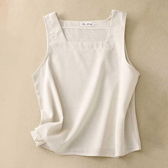 MORESEC Women's Cotton Linen Tank Top Square Neck Sleeveless Casual Loose Boho Blouse Summer Vacation Beachwear Basic Tee, White 2XL