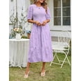 thumbnail image 4 of Women's Spring 2025 Crewneck Puff Sleeve Smocked Lace Textured Tiered A-Line Flowy Midi Dress, 4 of 7