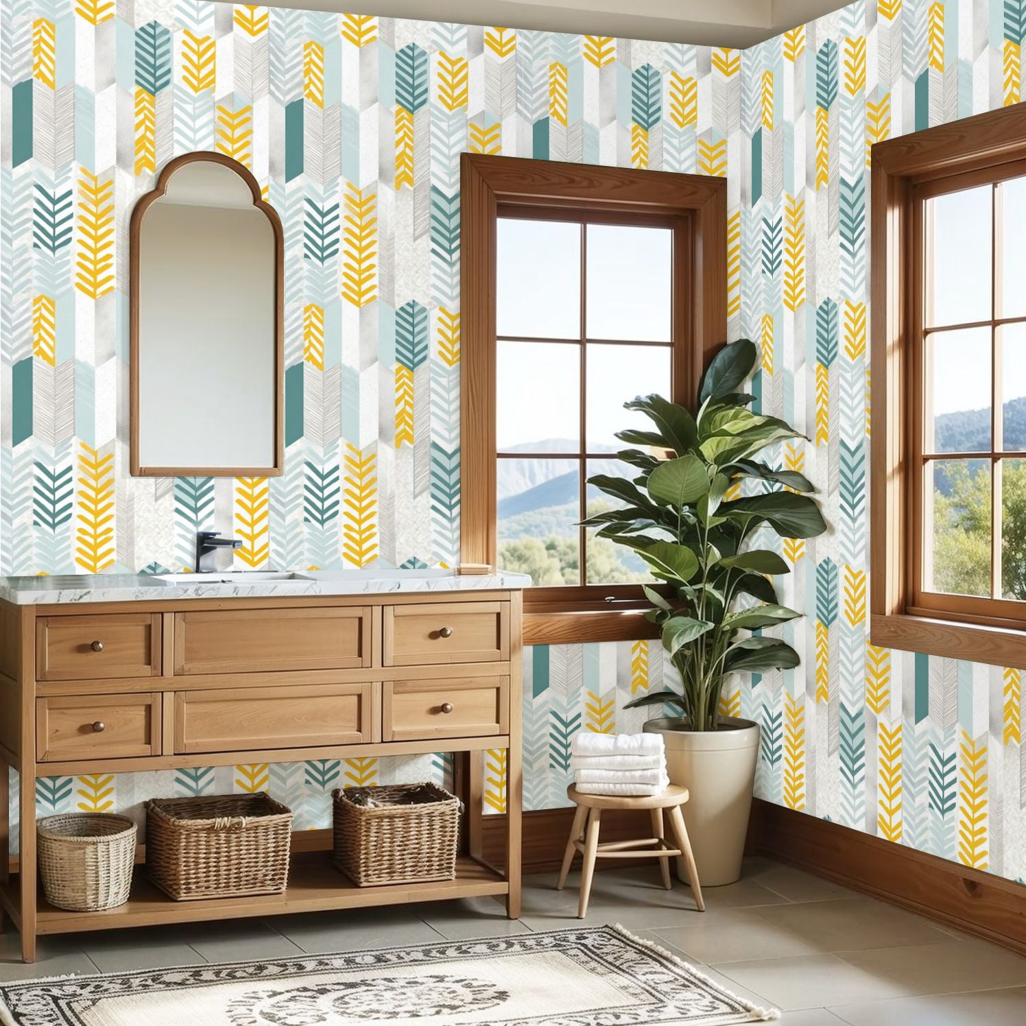 Vintage Peel and Stick Wallpaper Geometric Leaf Yellow Teal White Modern Wall Mural 23.6in x 9.8ft Self Adhesive Removable Wall Paper Renter Friendly Wallpaper for Nursery Bedroom Cabinets