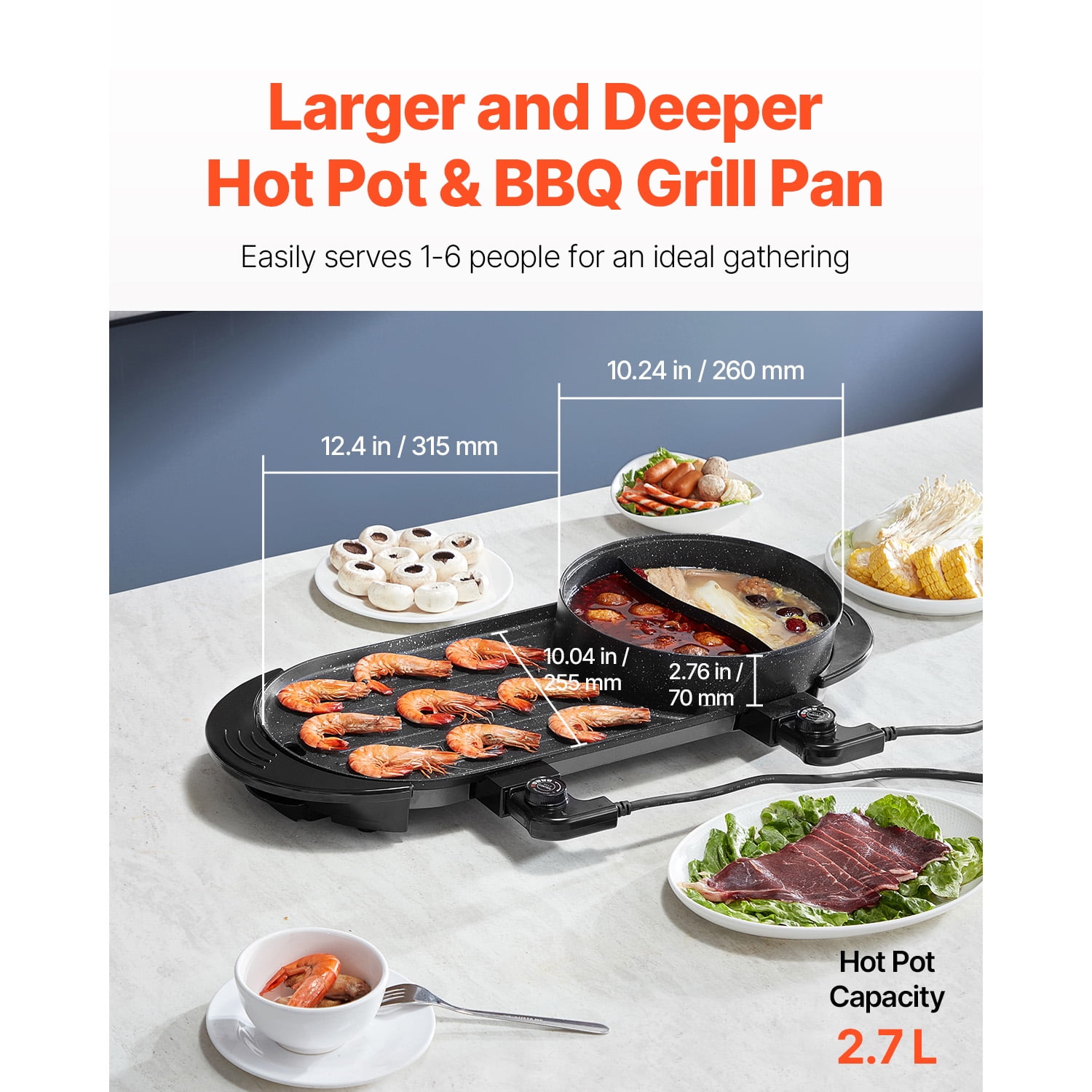 VEVOR 2 in 1 BBQ Pan Grill and Hot Pot with Divider Multifunctional Teppanyaki Grill Pot, Separate Dual Temperature Control Electric BBQ Stove Hot Pot