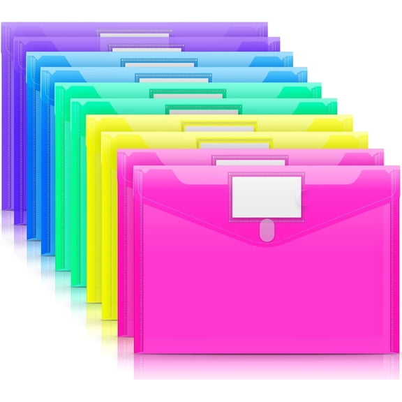 Emlimny 10 Pack Plastic File Folder with Pocket，5 Color Envelope Folder with Pockets Clear Folder for Document US Letter A4 Size File Envelopes with Label Pocket