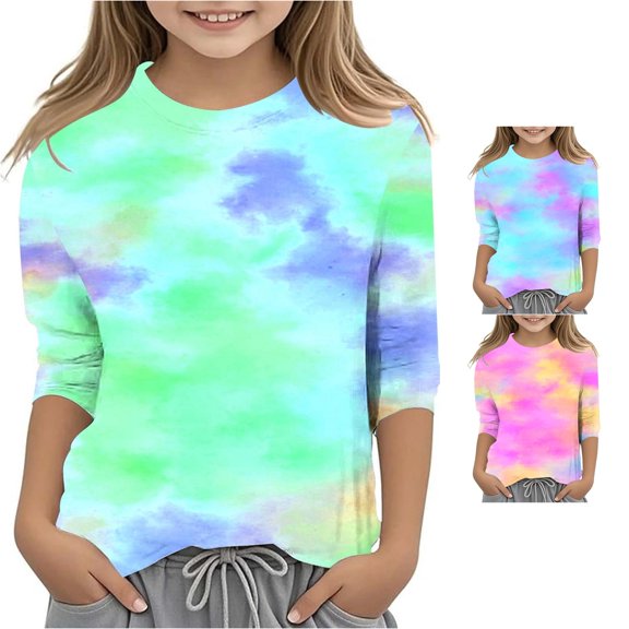 Toddler Girls 3/4 Sleeve T Shirts Tie Dye Printed Round Neck Casual T Shirt Top Size 3-4T ,Green
