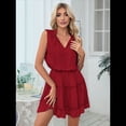 thumbnail image 4 of Womens Spring Summer 2025 Sleeveless Split V Neck Ruffle Chiffon Elegant Mini Short Skirt Dresses Claret L, 4 of 9