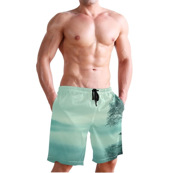 Dailycode Men's Quick Dry Swim Trunks Beach Shorts Casual Summer Board Shorts with Pockets, Tree on Lakeside