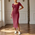 thumbnail image 2 of Wdgfv Robes Décontractées pour Femmes 2025 Été Côtelées Manches Courtes Robe Moulante Maxi Fendue Côté Tricot Col Carré Longue Robe d'Été, 2 of 6