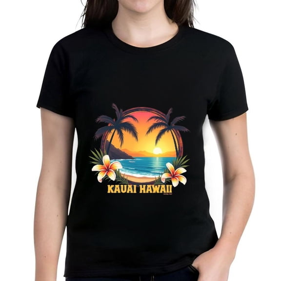 Men's Cotton Short Sleeve T-Shirt with Tropical Beach Scene Sunset Trees & Plumeria Flowers - " KAUAI HAWAII " Design