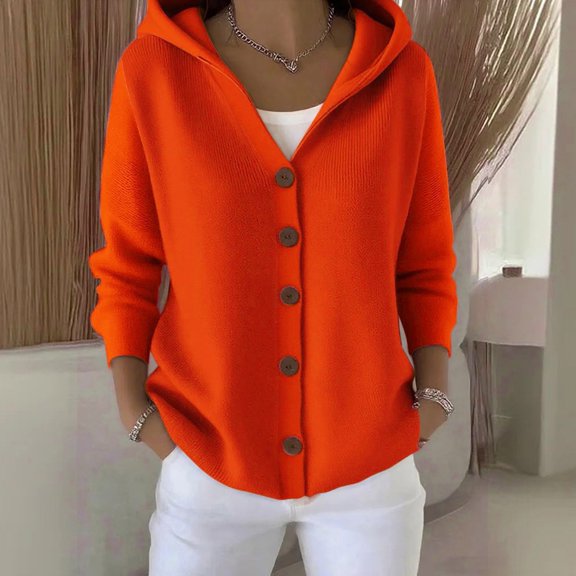 BILIKEYU Women's Solid Color Button Knitted Hooded Sweater Cardigan, Cardigan Sweaters for Women, Women Fall Clothes, Sweaters for Women