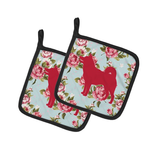Caroline's Treasures BB1067-RS-BU-PTHD Shiba Inu Shabby Chic Blue Roses Pair of Pot Holders , 7.5HX7.5W, multicolor