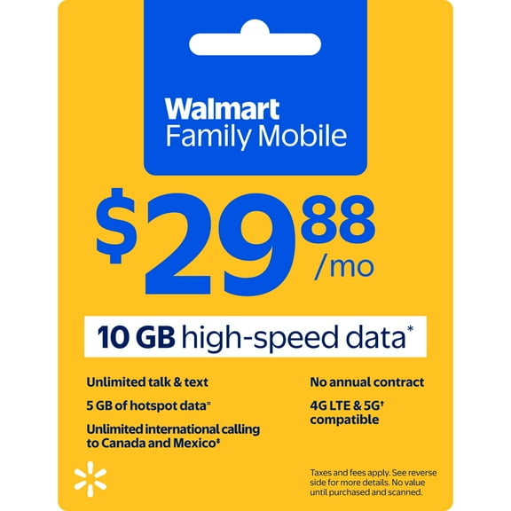 Walmart Family Mobile Unlimited Talk & Text Monthly Prepaid Plan (10GB at High Speed, then 2G*) Direct Top Up