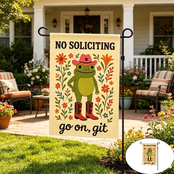 Cowboy Frog No Soliciting Garden Flag, Western Floral Yard Banner, Double Sided Decorative Flag for Outdoor Porch Lawn Farmhouse Home Decoration