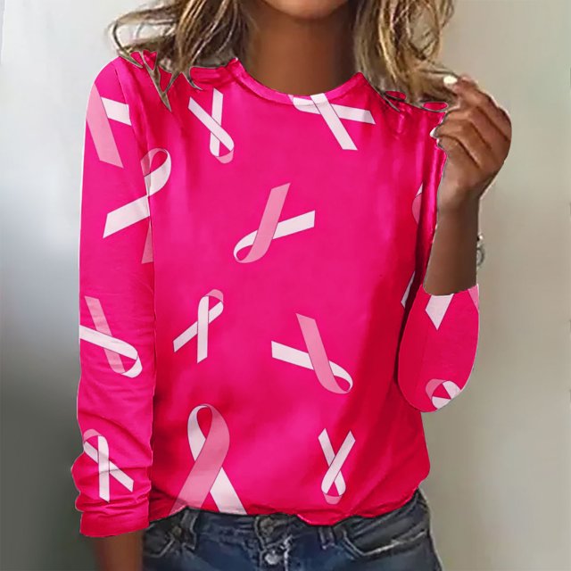 Qetyuw T-Shirts pour Femmes Cancer du Sein Ruban Rose Chandails en Molleton pour Femmes Lutte contre le Cancer Sensibilisation T-Shirts Foi Manches Longues Col Rond