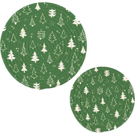 

Bestwell set of 2 Cute Small Xmas Trees Green Trivets Pot Holders， Hot Pads Table Mats Placemats Set for Cooking and Baking Cotton Braided Hot Pads 7in+9in