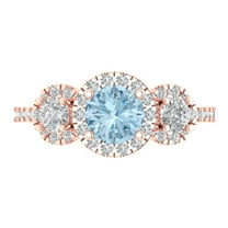 1.46 ct Round Cut Natural Aquamarine 3 Stone 18K Rose Gold Womens Engagement Ring