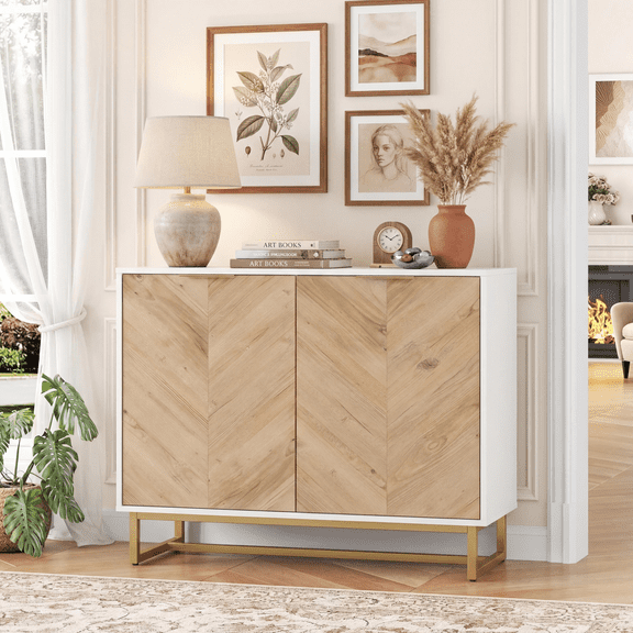 FurnitureR Modern 2-Door Storage Cabinet with Gold Metal Base, White Sideboard Buffet with Adjustable Shelves, Herringbone Pattern Accent Cabinet for Living Room, Dining Room and Entryway